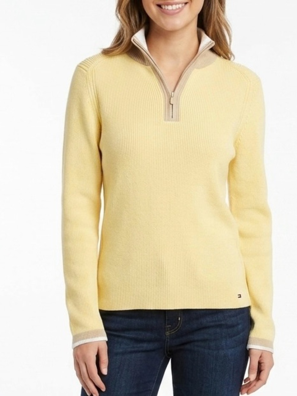 Tommy Hilfiger Pale Yellow Quarter-Zip Cowl Sweater with Contrast Trim